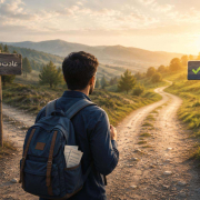 common-english-learning-mistakes زبانآموزی که در یک دوراهی بین عادتهای اشتباه و عادتهای درست در یادگیری زبان انگلیسی ایستاده است.