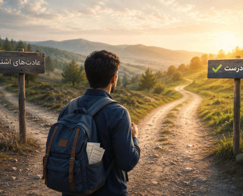 زبان‌آموزی که در یک دوراهی بین عادت‌های اشتباه و عادت‌های درست در یادگیری زبان انگلیسی ایستاده است.
