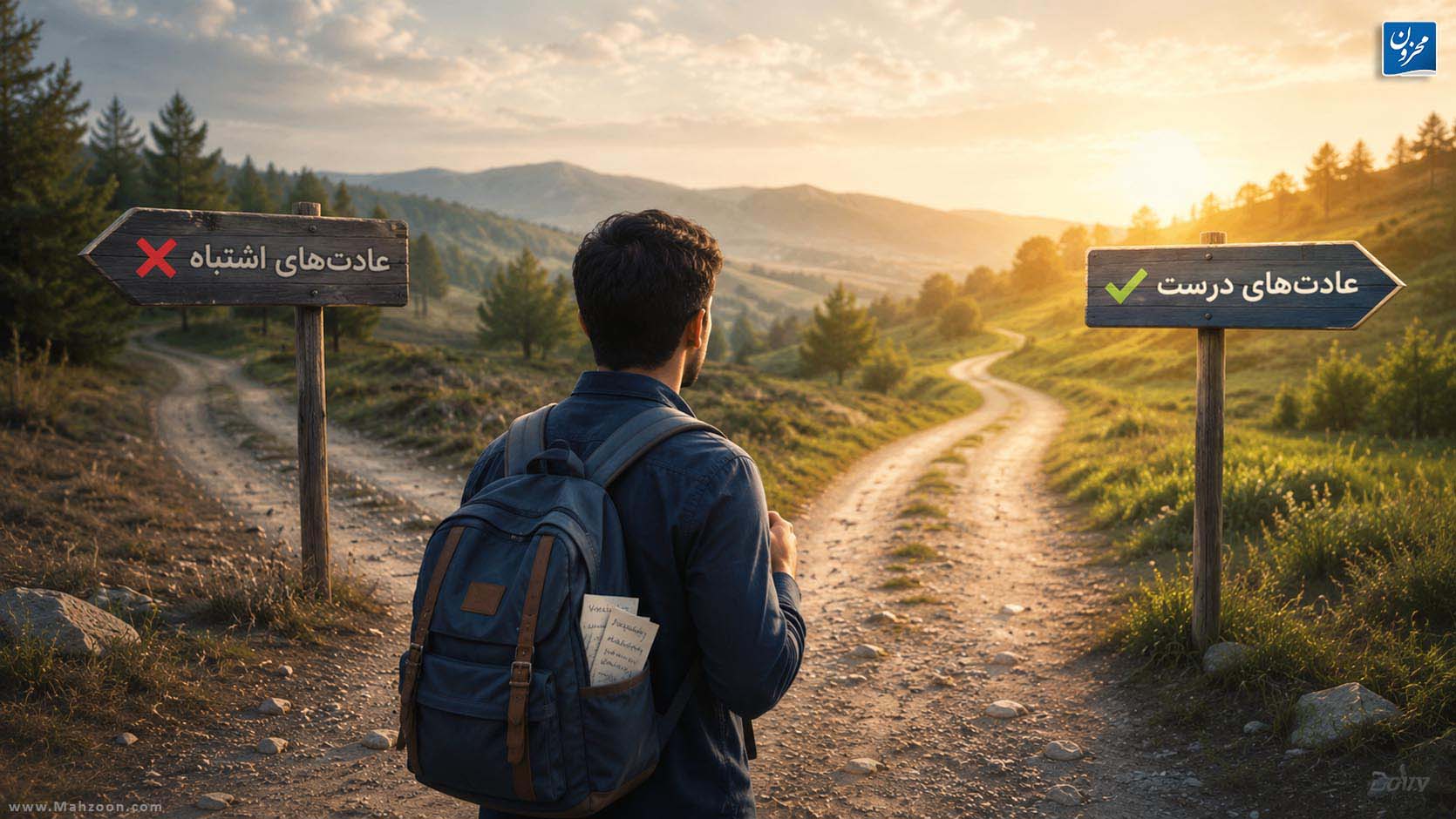زبانآموزی که در یک دوراهی بین عادتهای اشتباه و عادتهای درست در یادگیری زبان انگلیسی ایستاده است.