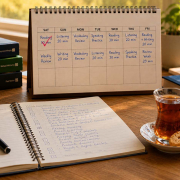 english-study-plan-featured برنامه مطالعه زبان انگلیسی بهصورت هفتگی روی میز مطالعه در کنار کتابهای آموزش زبان، دفتر یادداشت و استکان چای
