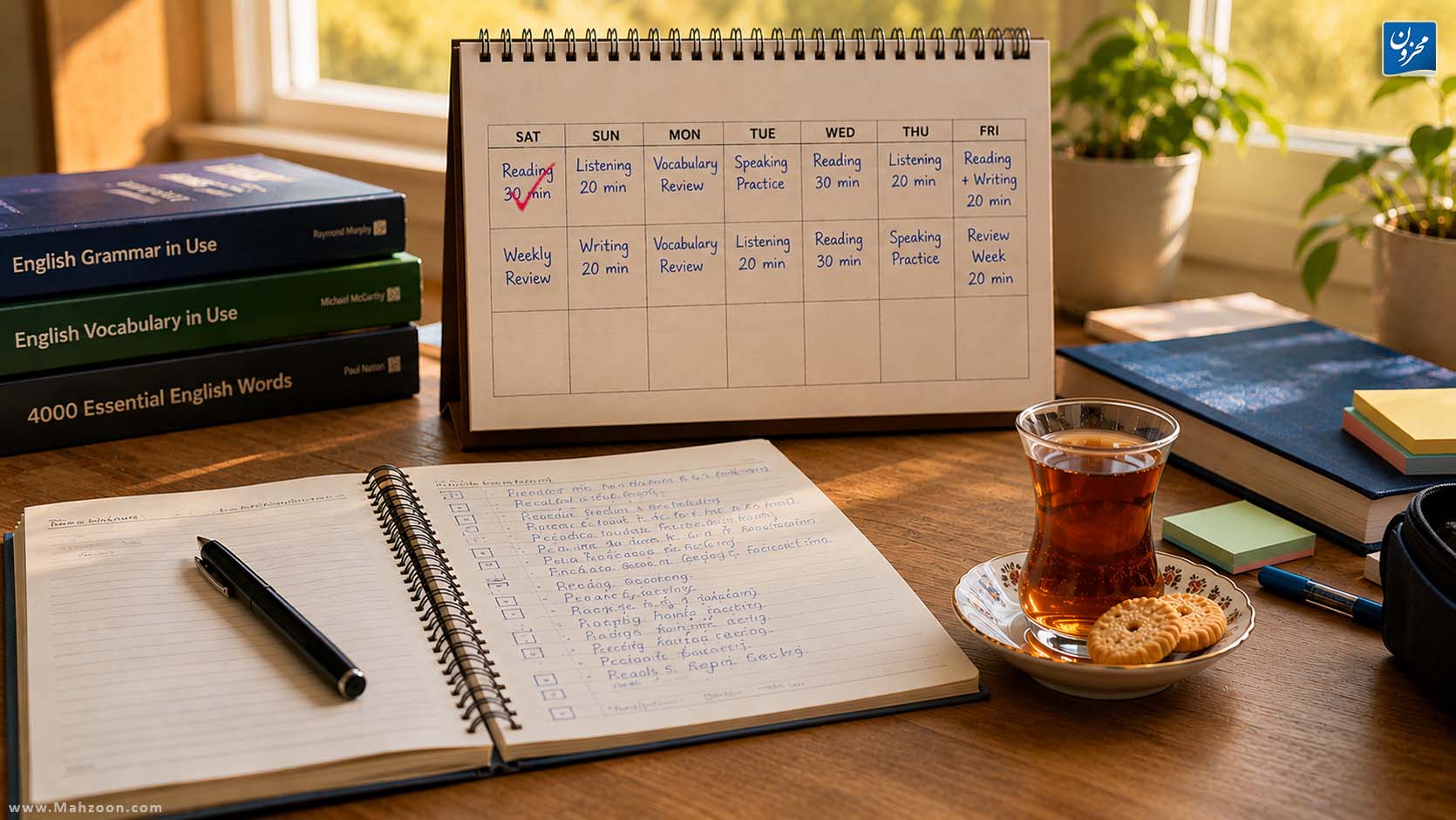 برنامه مطالعه زبان انگلیسی بهصورت هفتگی روی میز مطالعه در کنار کتابهای آموزش زبان، دفتر یادداشت و استکان چای