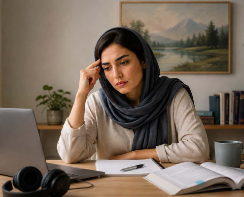 زن ایرانی در حال یادگیری زبان انگلیسی که با وجود مطالعه زیاد، برای صحبت کردن دچار تردید شده است