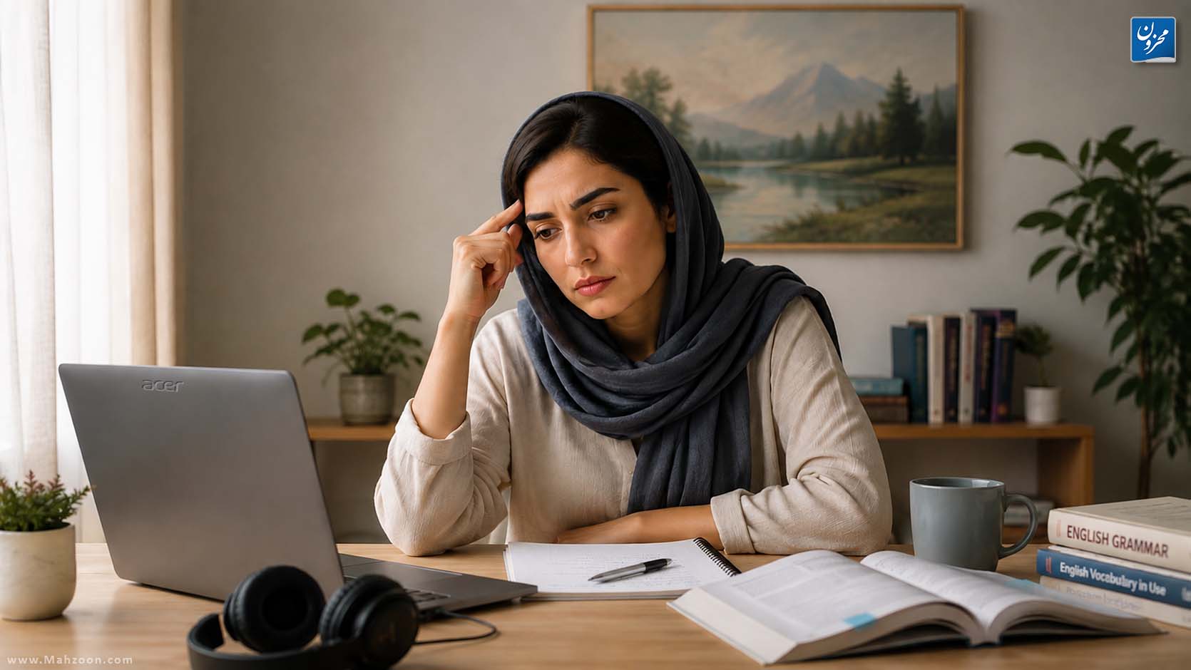 زن ایرانی در حال یادگیری زبان انگلیسی که با وجود مطالعه زیاد، برای صحبت کردن دچار تردید شده است